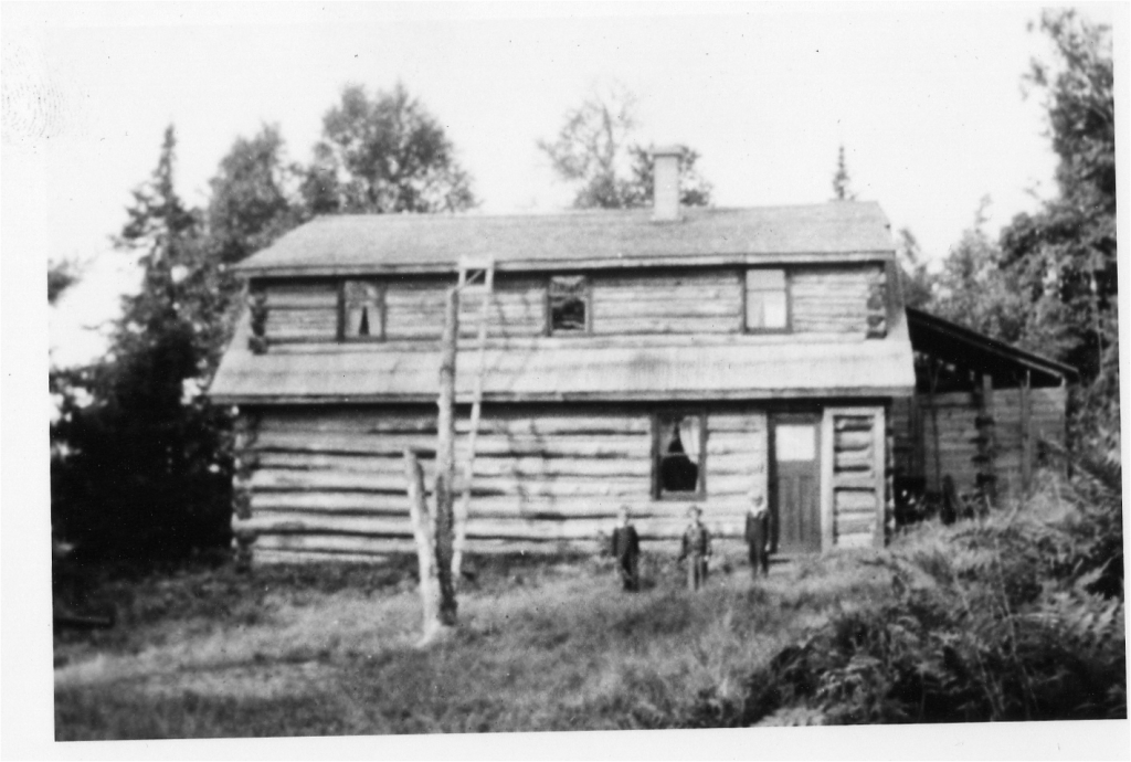 Early photo of log home on WahWashKesh built by Austin Buchanan in 1928